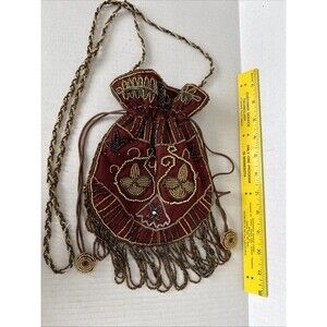 Vintage Handmade Beaded Drawstring Pouch Bag – One of a Kind Boho Evening Purse